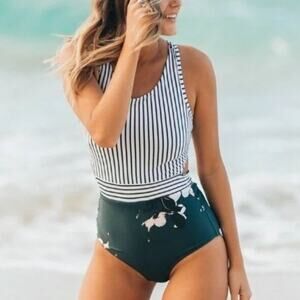 Sunikini Large High-Waist Vertical Striped/Orchid Floral One-Piece Swimsuit